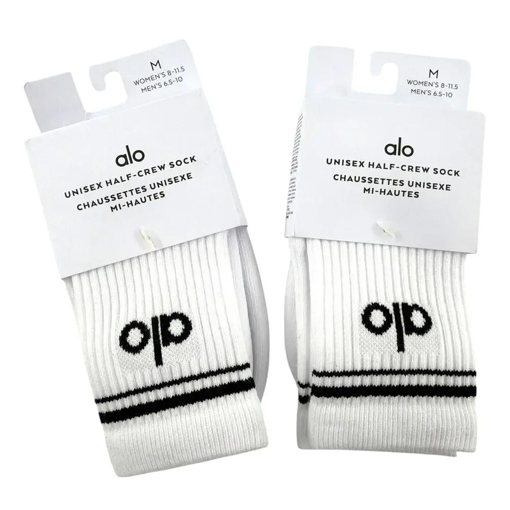 Alo Yoga 2-Pair White Black Half-Crew Throwback Socks Size M W 8-11.5 / M 6.5-10